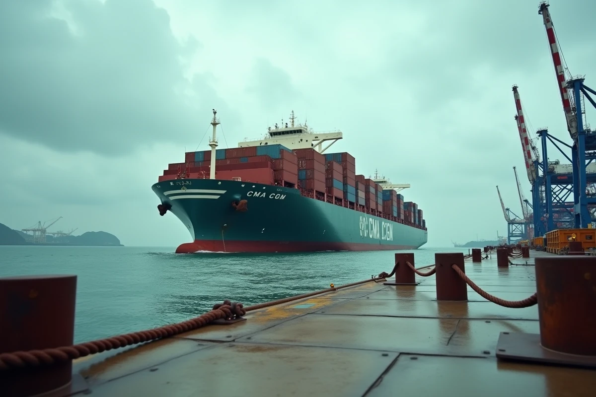 Navire porte-conteneurs CMA CGM en mer symbolisant l'impact des taux d'intérêt élevés sur l'action du groupe