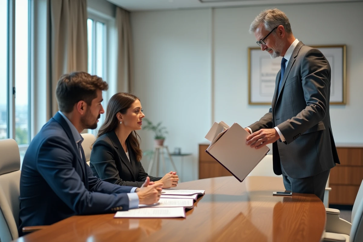 Notaire conseillant un couple sur un dossier immobilier avant la signature d'un compromis de vente