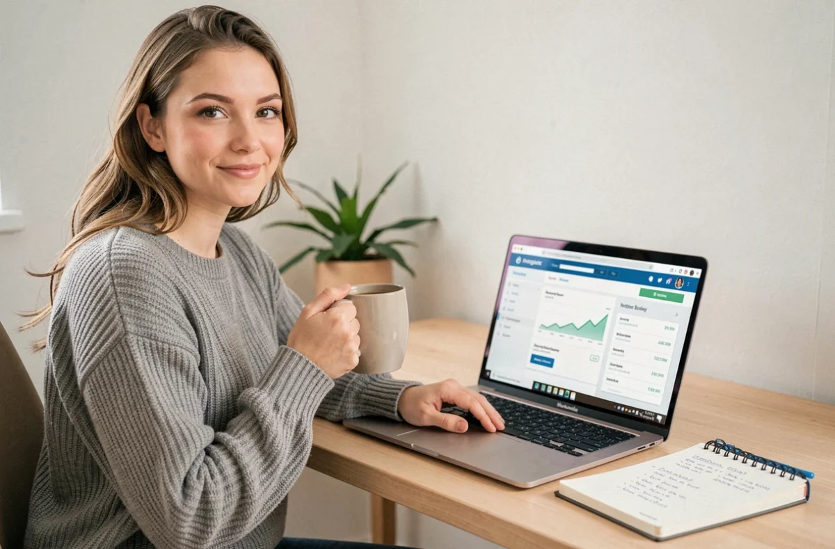 Cliente utilisant la plateforme de courtage en ligne Obontaux depuis son domicile en Mayenne