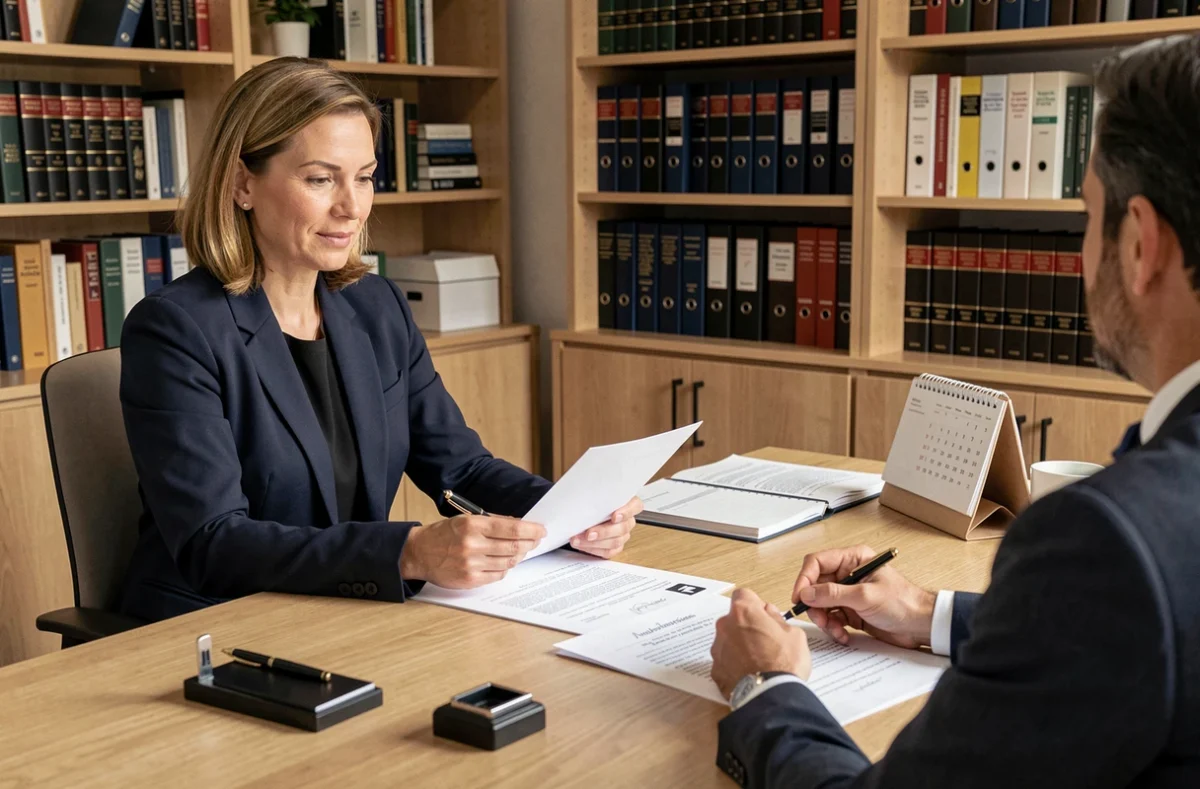 Notaire de l'Office Notarial de la Plaine St Denis lors d'une consultation avec des clients autour d'un bureau en chêne