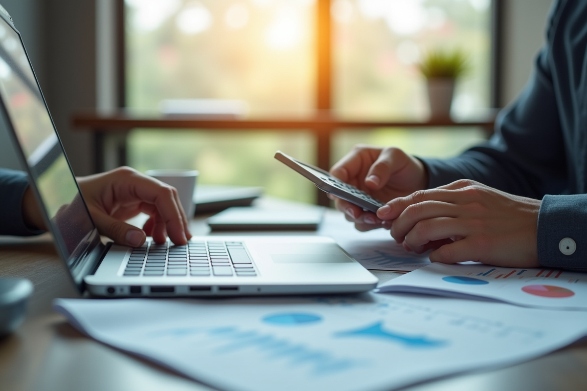 Ordinateur portable ouvert sur un bureau moderne avec documents financiers