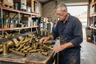 Ouvrier triant des pièces de laiton dans un centre de recyclage de métaux en France