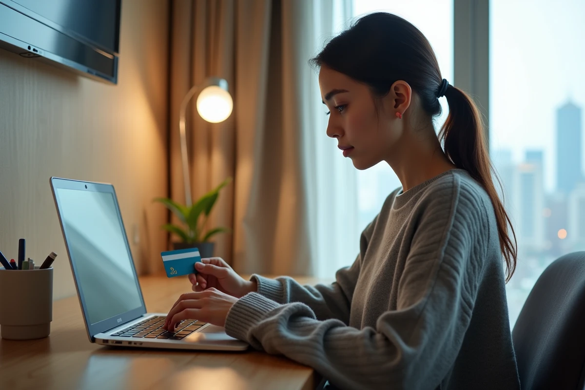 Jeune femme payant sa facture Free Mobile en ligne avec une carte bancaire depuis une chambre d'hôtel à l'étranger