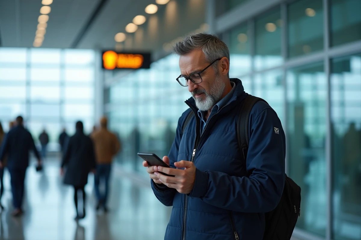 Homme consultant son téléphone pour payer sa facture Free Mobile dans un aéroport international