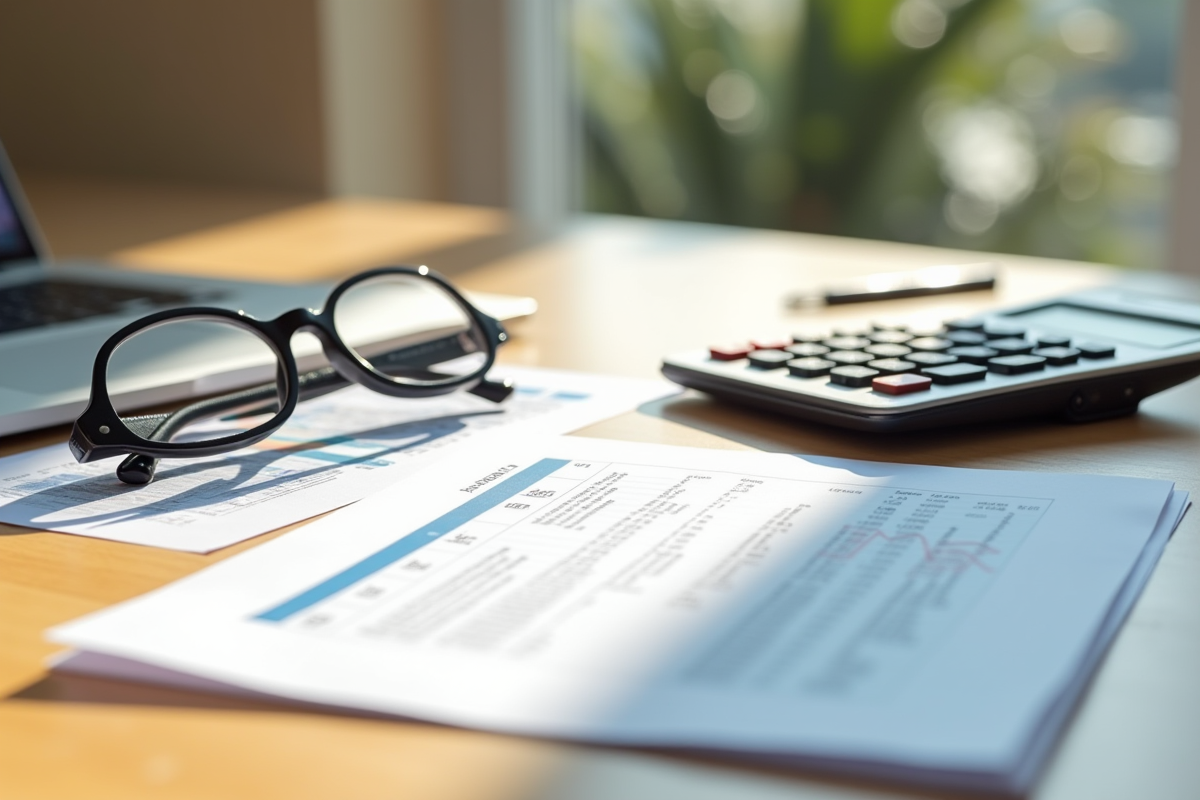 Piles de papiers financiers avec calculatrice sur bureau lumineux