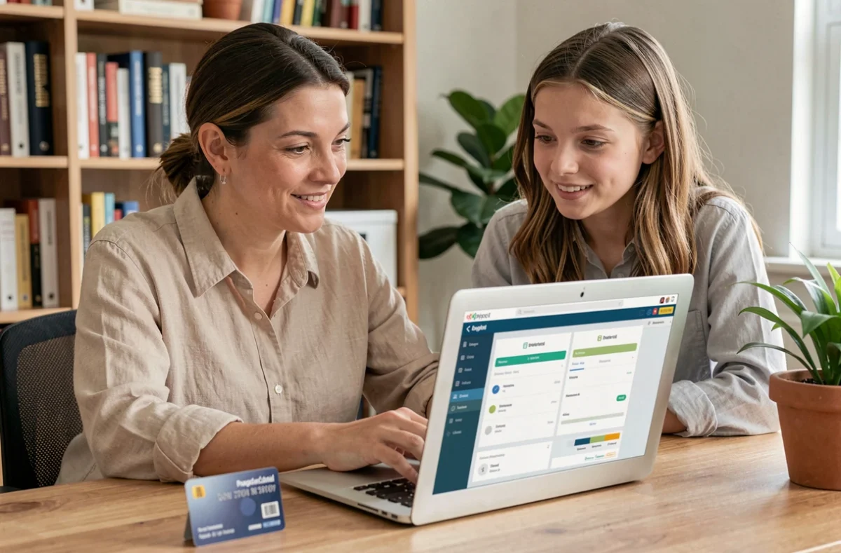 Mère et fille consultant ensemble l'application Pixpay pour gérer l'argent de poche familial