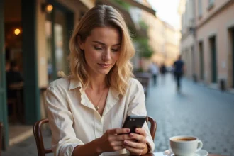 Femme payant sa facture Free Mobile depuis l'étranger sur son smartphone dans un café en Europe