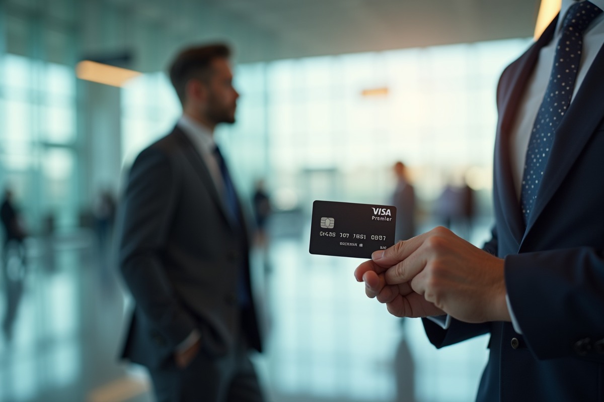 Personne élégante tenant une carte Visa Premier à l'aéroport
