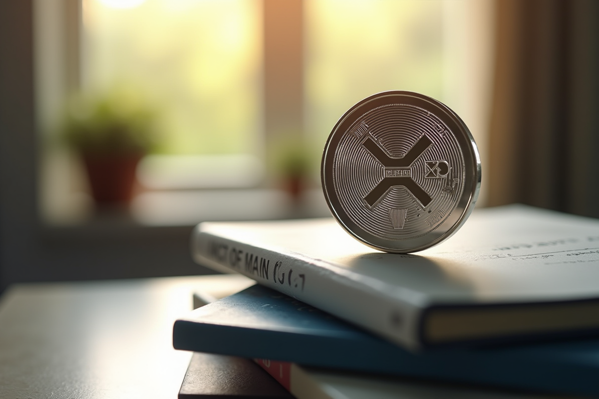 Pièce en argent XRP sur des livres de finance en lumière naturelle