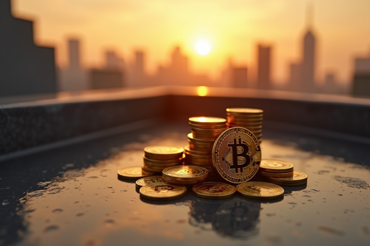 Pièces de Bitcoin sur un toit urbain au coucher du soleil