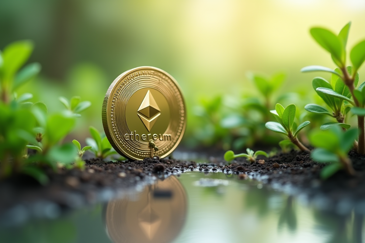 Pièce Ethereum brillante sur surface réfléchissante avec plantes vertes