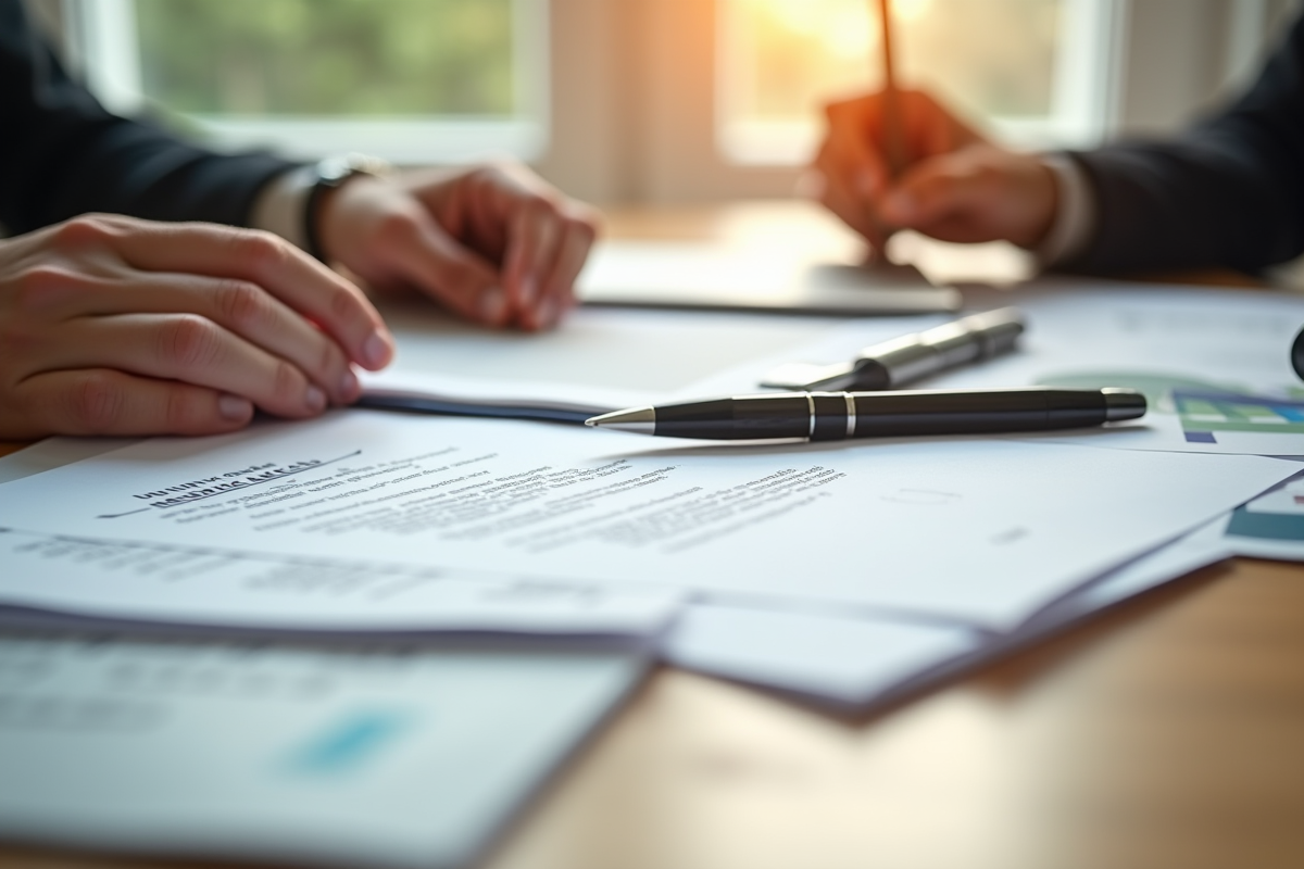 Une pile de documents d'assurance avec un stylo sur un bureau en bois clair
