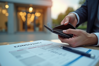 Main tenant un porte-monnaie vide et une carte bancaire devant une banque