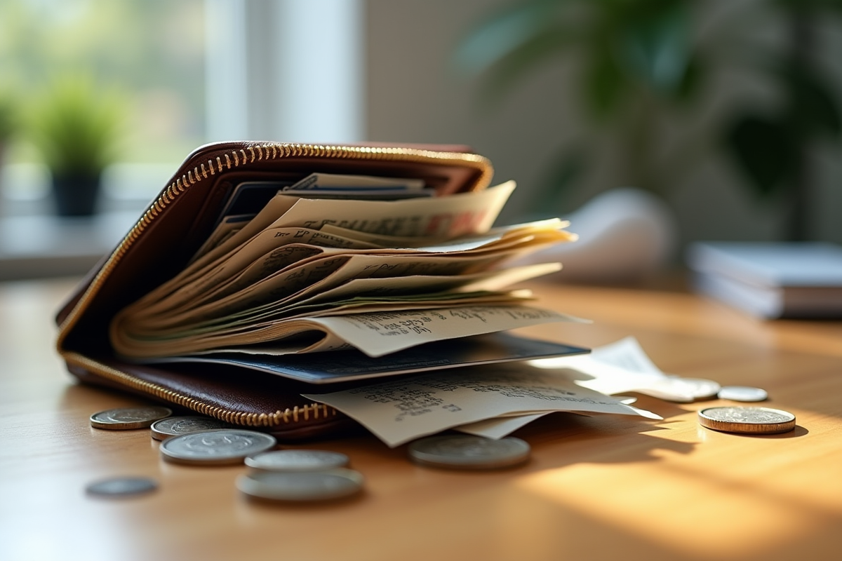 Portefeuille encombré avec reçus et pièces sur bureau lumineux