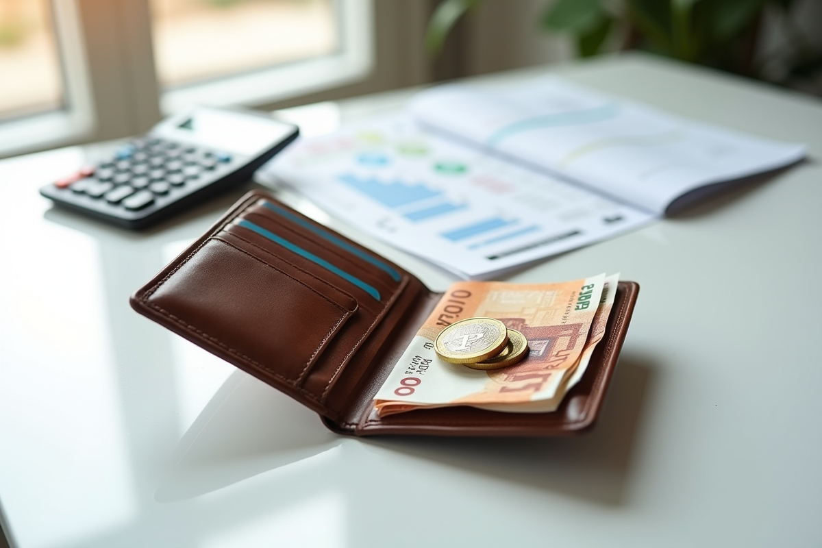 Portefeuille avec billets euros et cryptomonnaies sur table