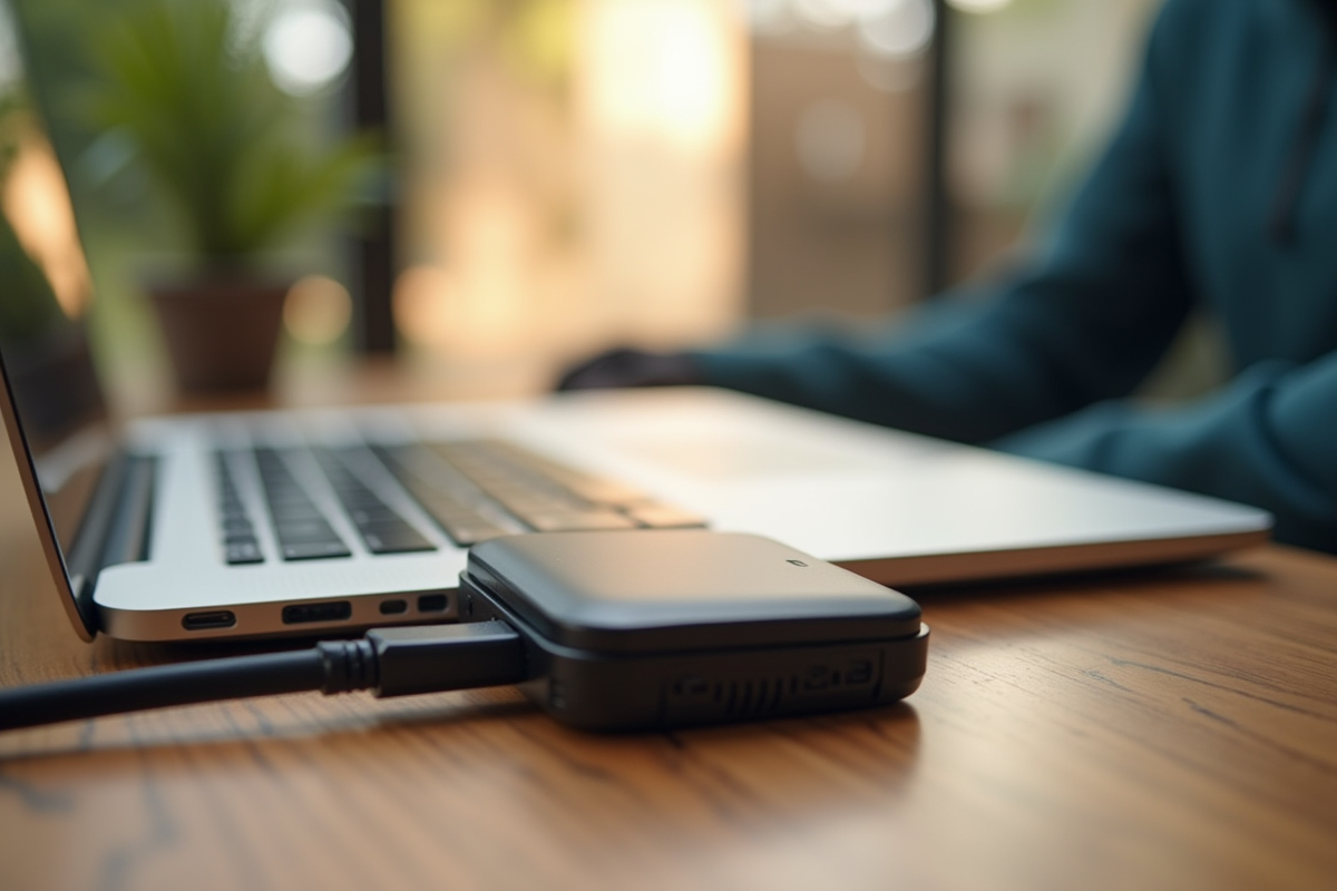 Portefeuille hardware connecté à un ordinateur portable sur un bureau