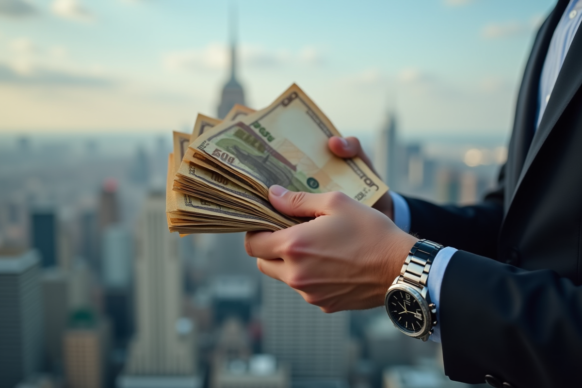 Main tenant des billets euro et dollar avec montre de luxe