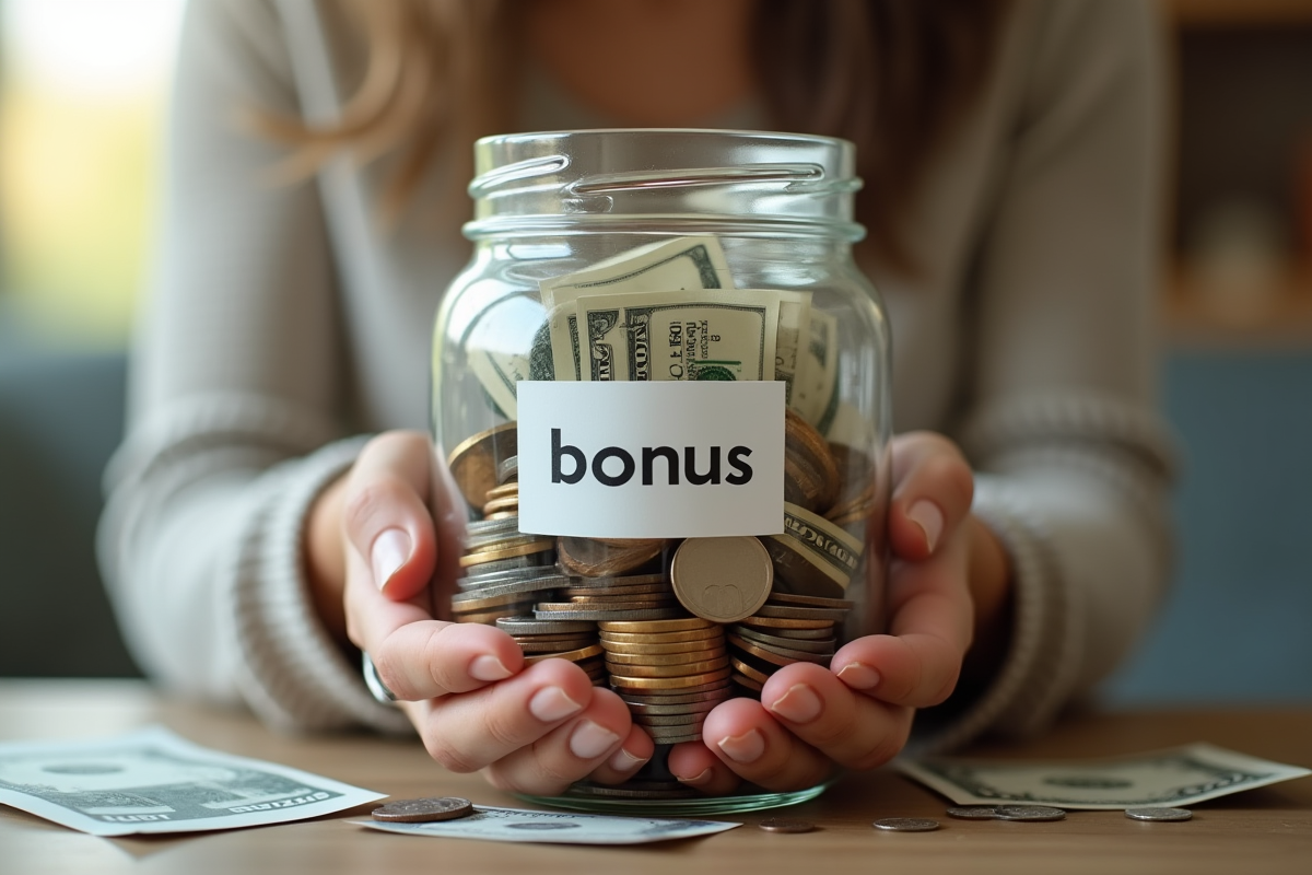 Main tenant un pot rempli de pièces et billets avec un note bonus
