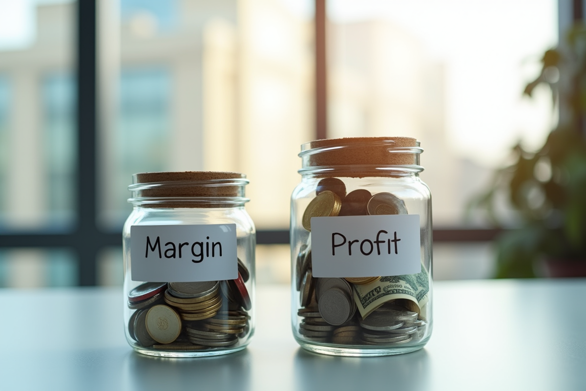 Deux pots en verre avec argent et billets pour marge et profit