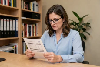 Professeure étudiant sa fiche de paie à son bureau à domicile