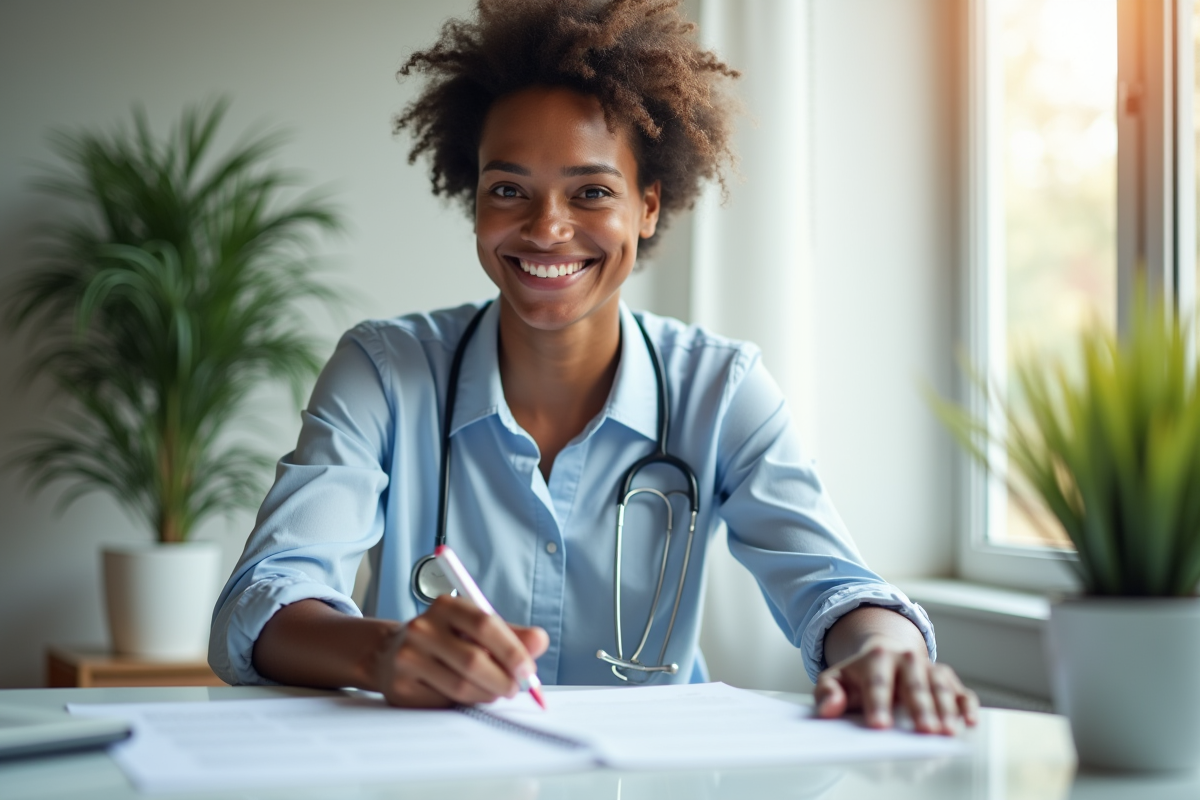 Professionnel souriant examinant documents d'assurance santé