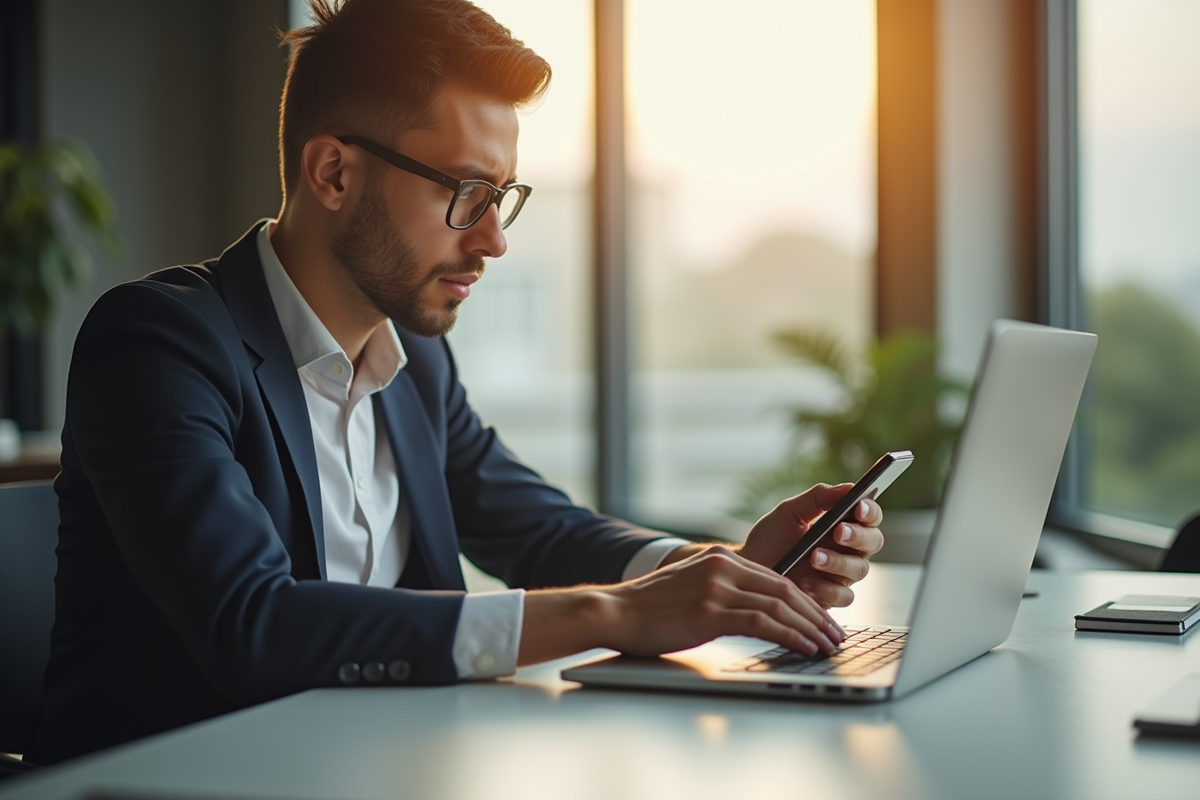 Professionnel inquiet regardant son ordinateur portable