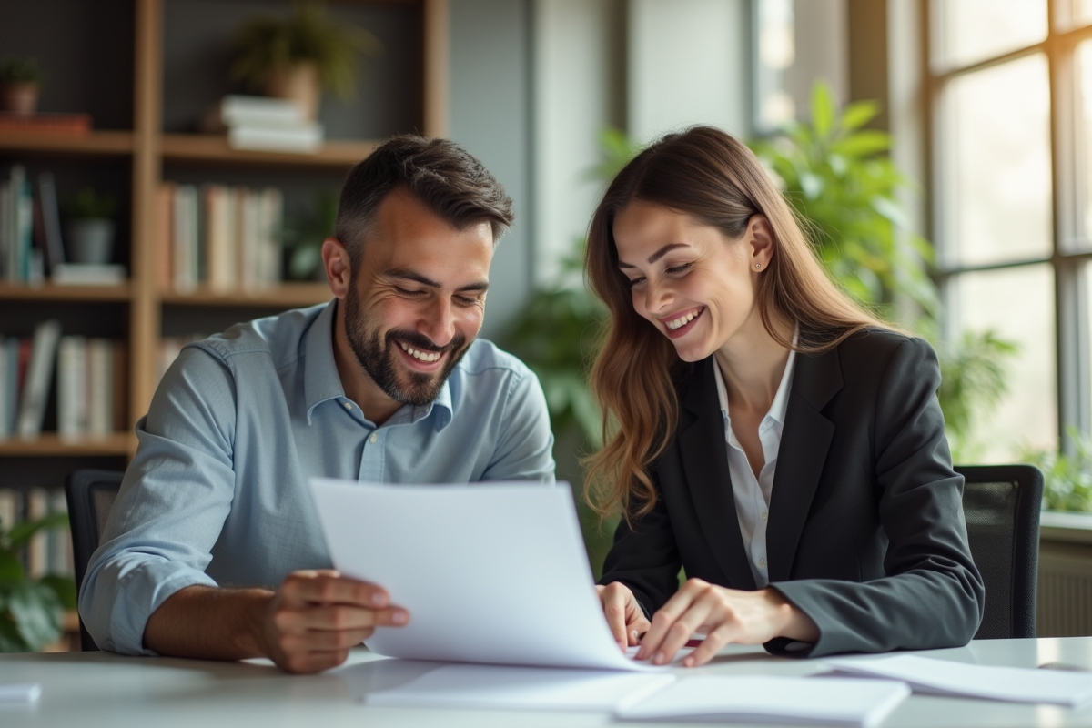 Homme et femme confiants au bureau en réunion