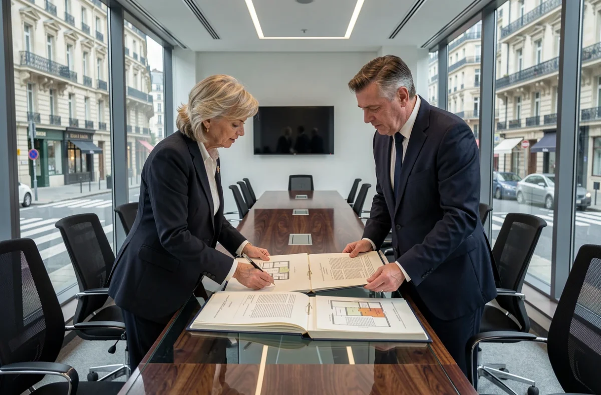 Professionnels du droit analysant un dossier de démembrement de propriété de parts de SCPI dans une salle de réunion