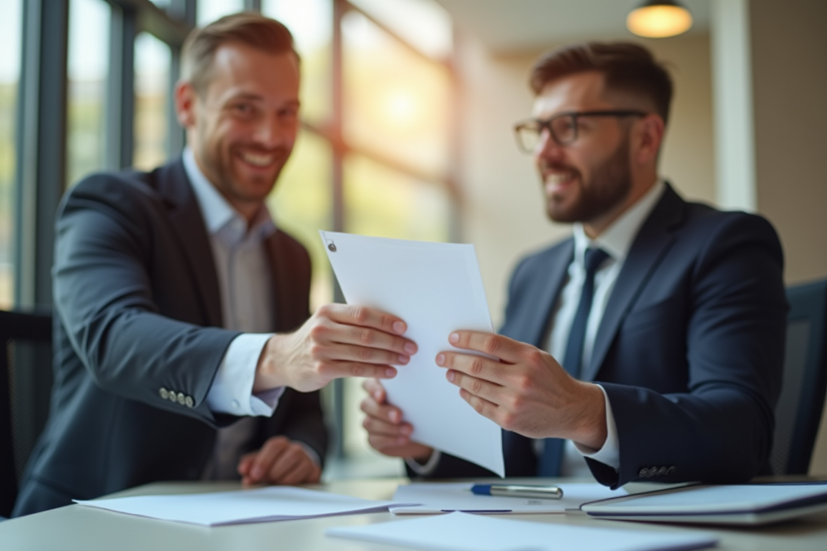 Professionnels d'affaires échangeant une enveloppe sécurisée dans un bureau moderne