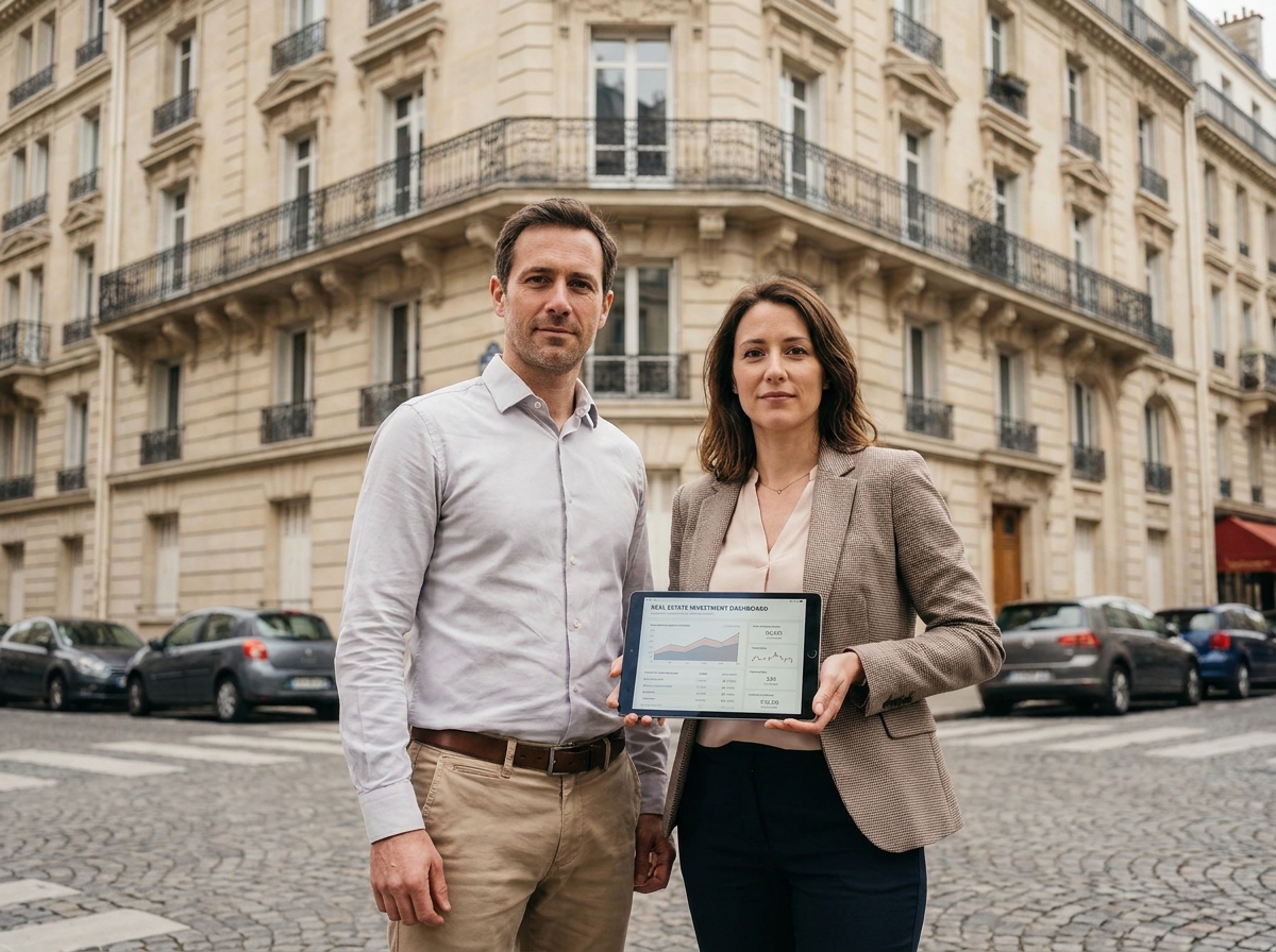 Deux professionnels de l'immobilier devant un immeuble haussmannien européen consultant un tableau de bord de SCPI sur tablette