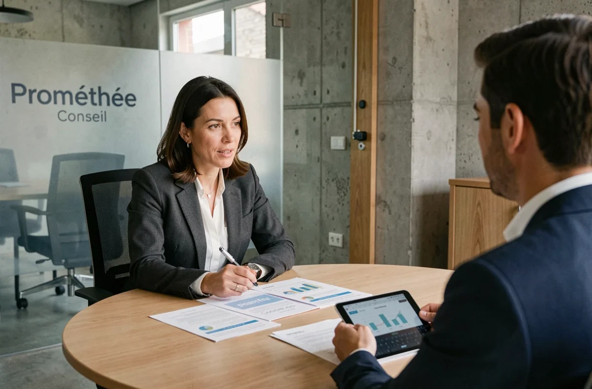 Conseillère de Prométhée Conseil présentant un plan financier à un client dans une salle de réunion
