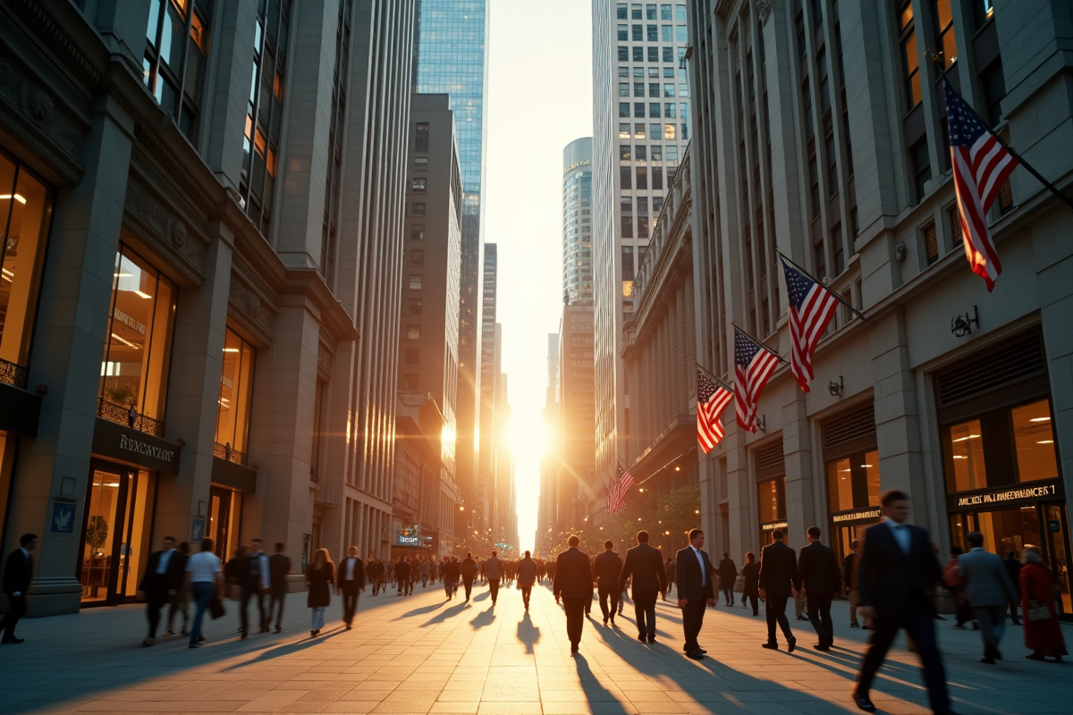 Quartier financier moderne au matin avec drapeaux américains