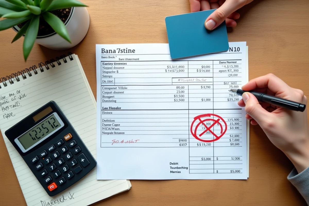 Vue aérienne d'un bureau avec un relevé bancaire en découvert, une calculatrice affichant un solde négatif et une carte de débit sur une surface en bois