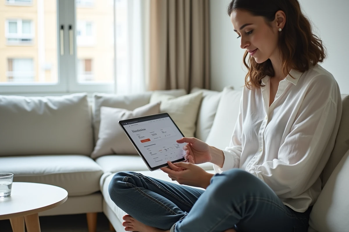 Jeune femme consultant ses relevés bancaires LCL en ligne sur une tablette depuis son salon