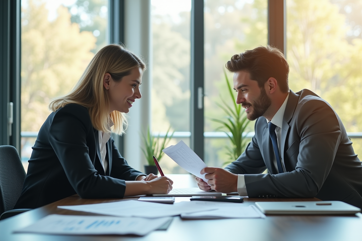 Jeune professionnel rencontrant un conseiller financier dans un bureau lumineux