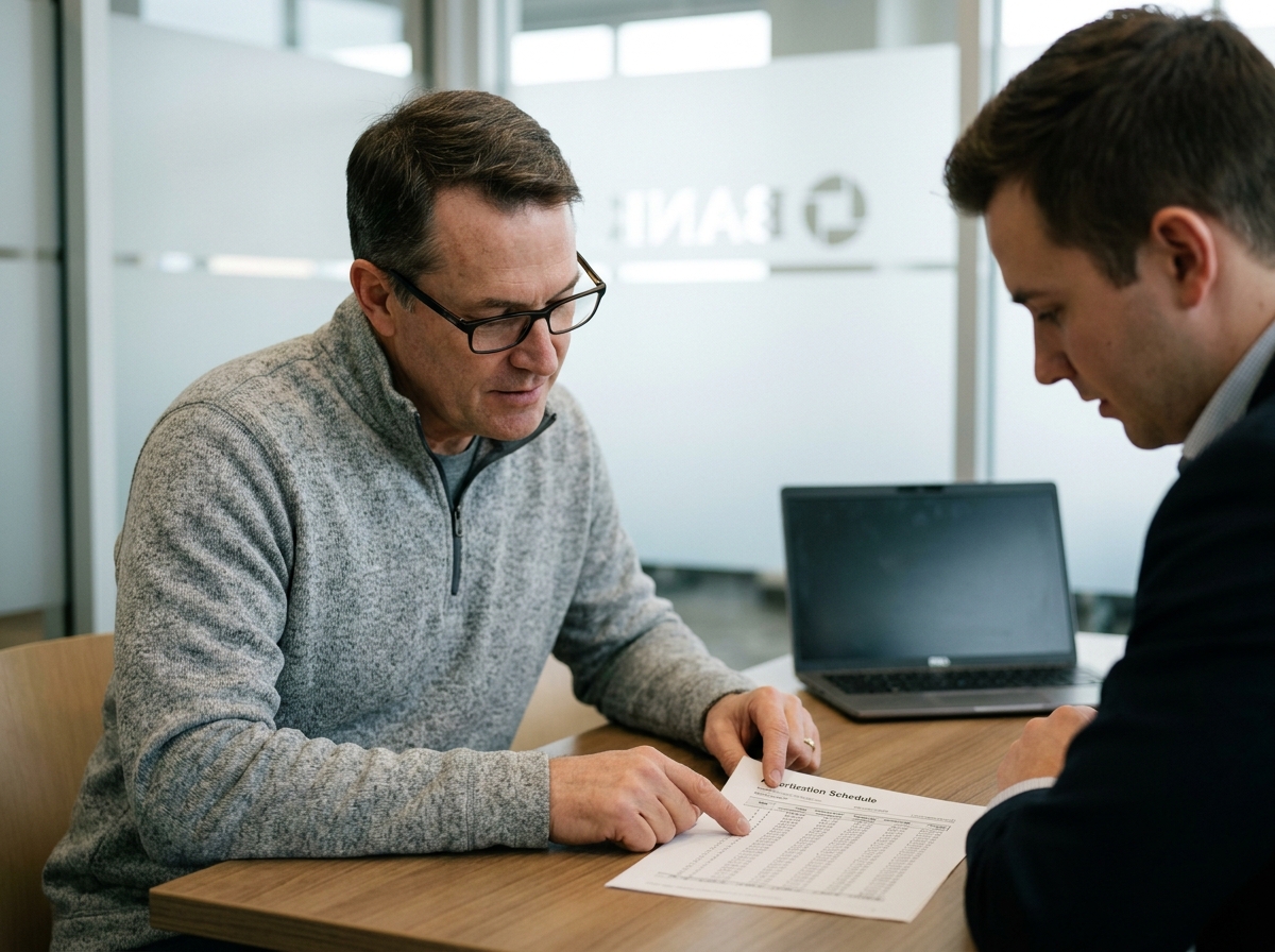 Fonctionnaire en rendez-vous bancaire pour vérifier ses anciens prêts avant de contracter un nouveau crédit
