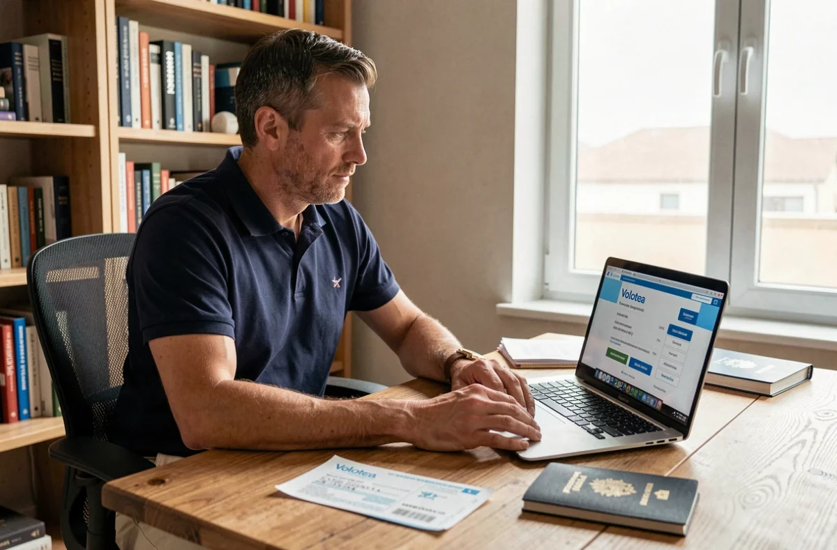 Homme comparant les options d'assurance voyage sur le site de réservation Volotea depuis son bureau à domicile