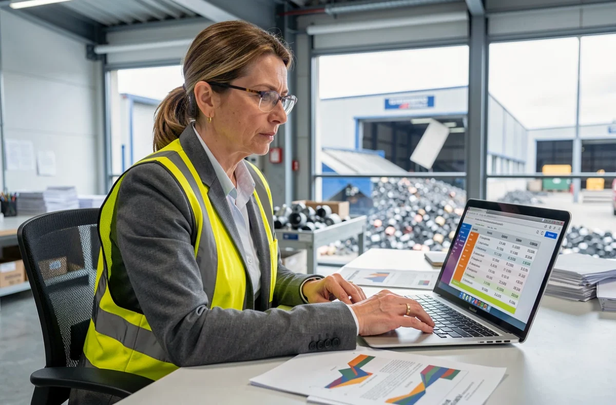 Responsable achats analysant les cours du laiton au kilo sur ordinateur dans une entreprise de recyclage