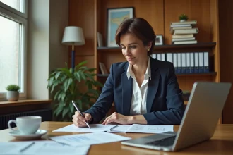Responsable d'association en Picardie analysant les documents de trésorerie sur une table en bois dans un bureau régional