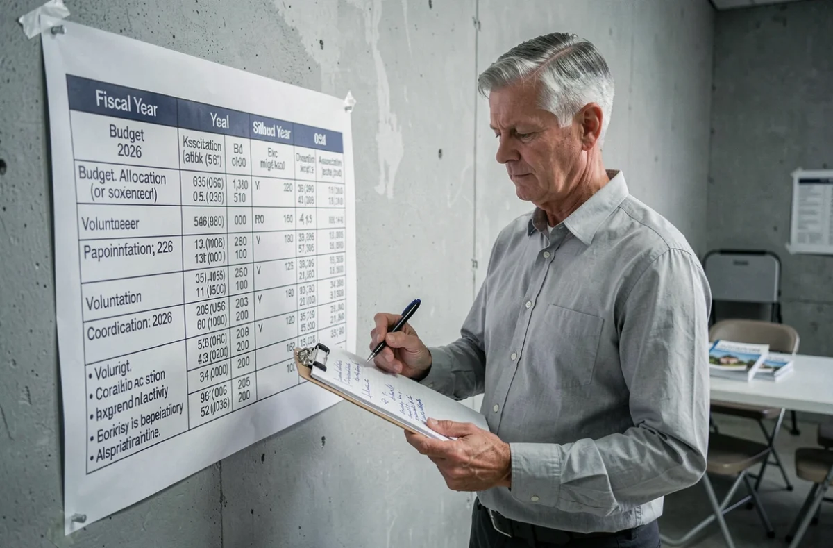 Responsable associatif présentant un tableau de planification budgétaire pour l'année fiscale 2026