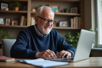 Homme retraité souriant lisant documents financiers dans son bureau