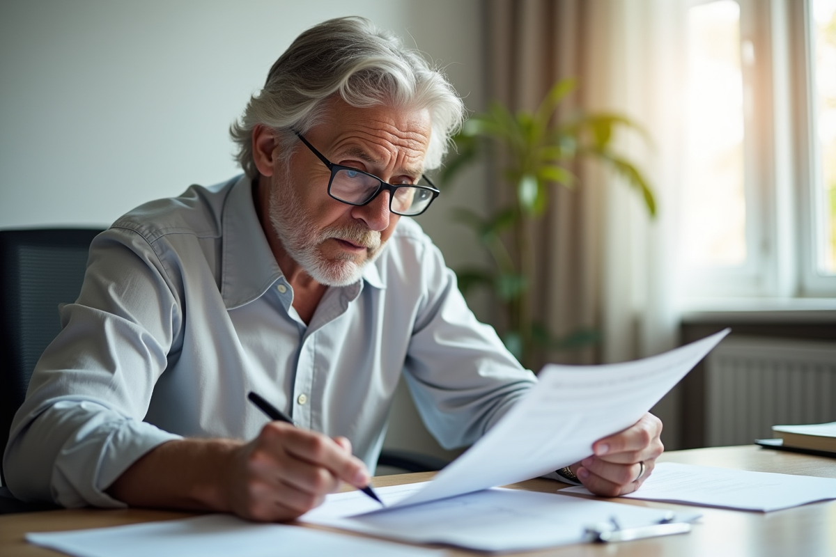 Personne d'âge moyen lisant des documents de retraite à un bureau lumineux