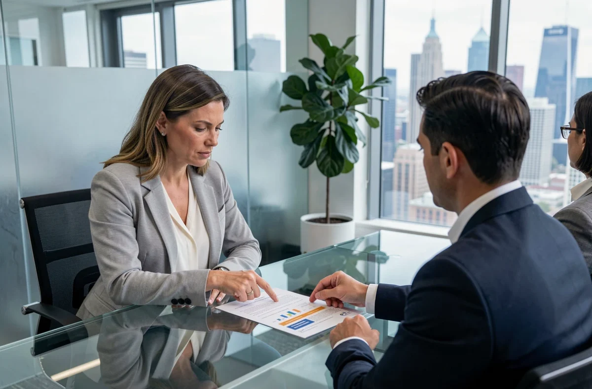 Femme en réunion avec un conseiller financier pour loger des SCPI dans une assurance-vie