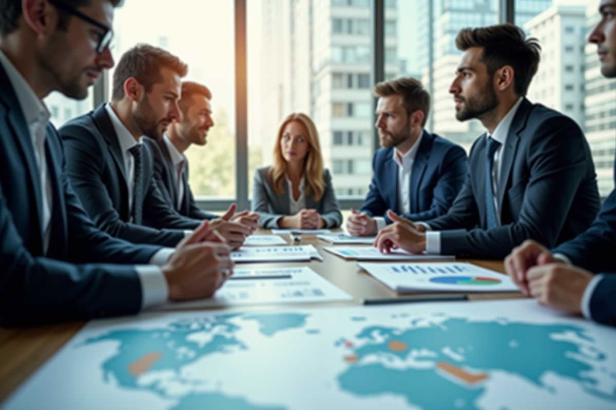 Réunion économique avec professionnels discutant autour d
