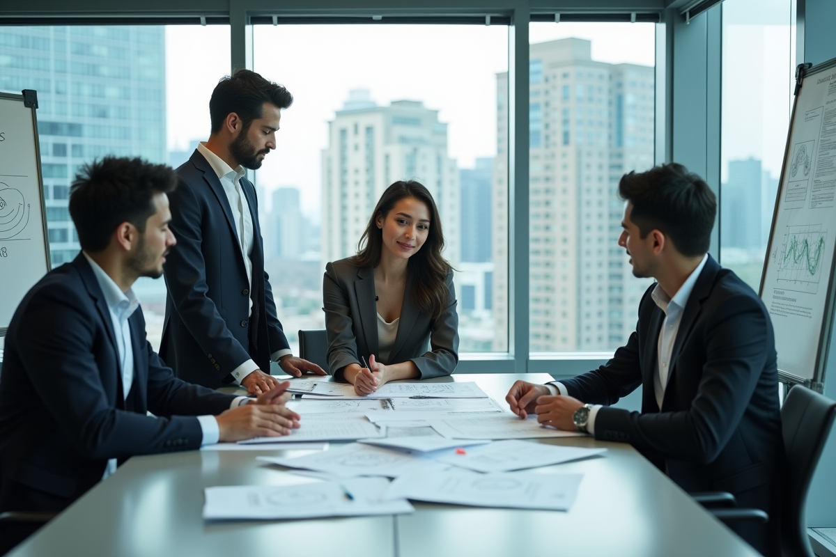 Groupe de professionnels discutant autour de diagrammes blockchain