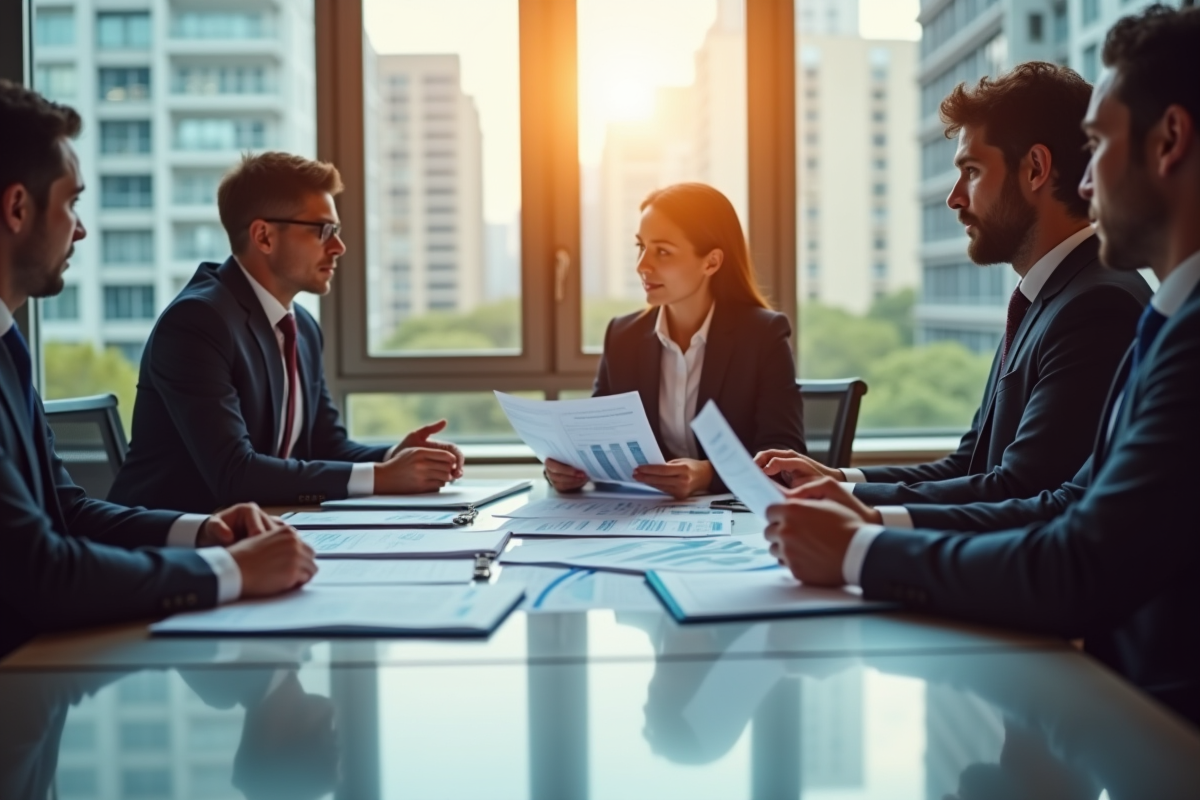 Groupe de professionnels en réunion stratégie finance
