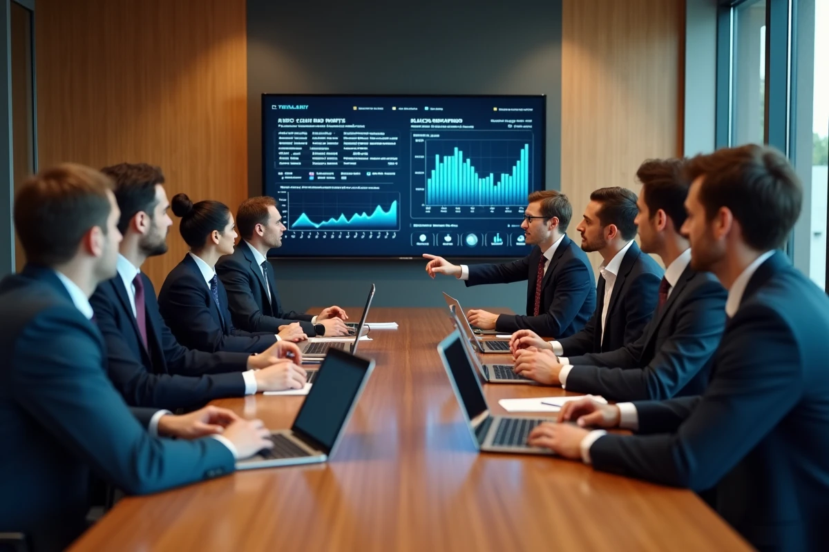 Groupe de professionnels financiers lors d une r&eacute;union collaborative