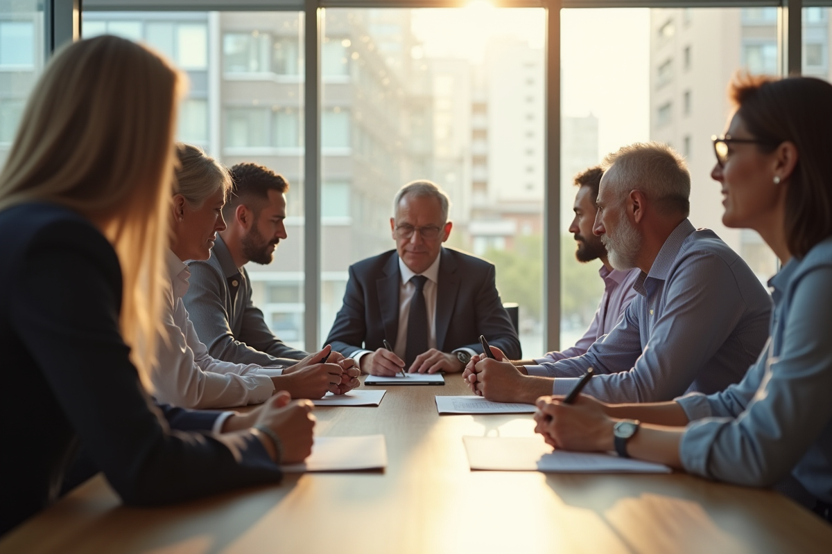 Groupe de professionnels et retraités en discussion sérieuse