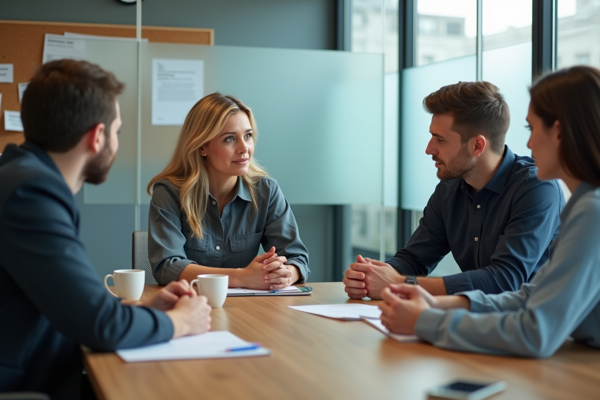 Groupe de travailleurs lors d une réunion dans une salle lumineuse