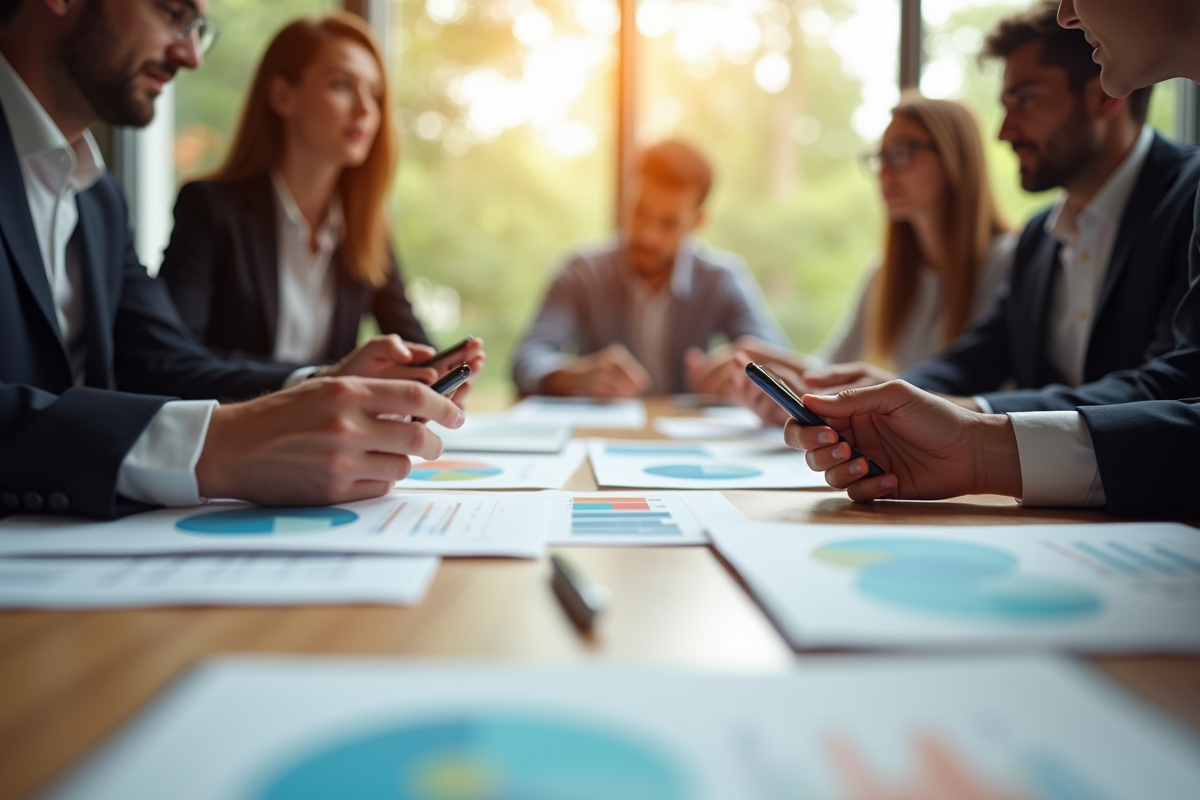 Groupe de professionnels autour d'une table avec graphiques financiers